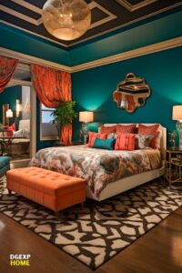 Deep Teal and Coral Bedroom_ Dynamic Eclectic