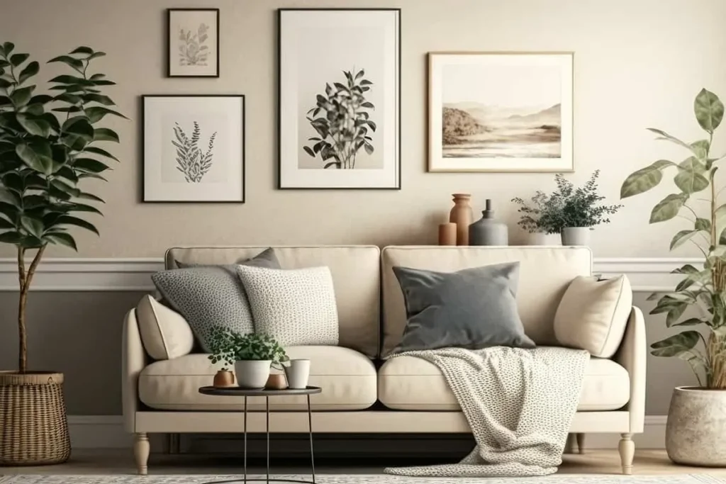 A living room with bright orange walls, a mixture of red and orange furniture, including a sofa and armchair, with colorful cushions and a coffee table in the center. Natural light enters through the large windows, illuminating the room.