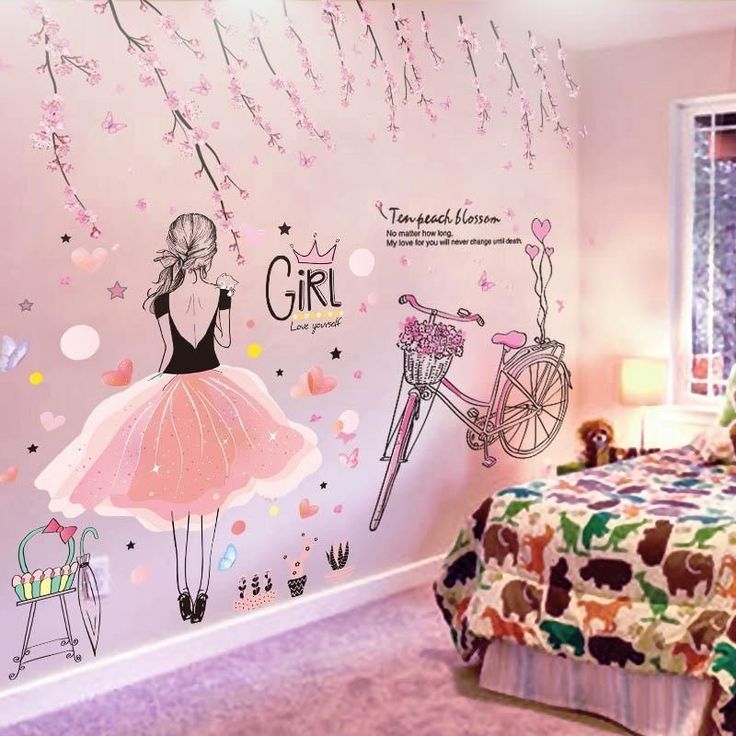 A charming wall mural featuring illustrations of a girl in a pink dress with a crown on her head, surrounded by hearts, stars, and butterflies. A vintage bicycle and various other decorative elements are also depicted on the wall.