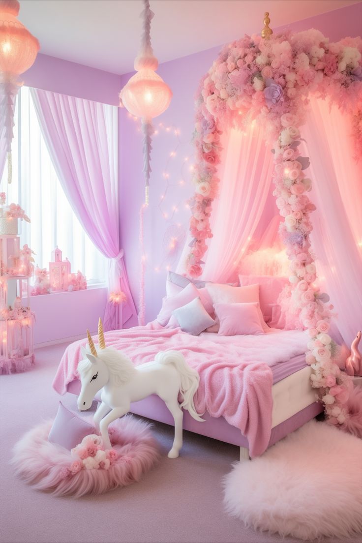 A dreamy bedroom in shades of pink and lavender, featuring a canopy bed adorned with floral decorations and draped curtains. A unicorn figurine stands on a fluffy rug beside the bed, surrounded by plush pillows and decorative lights.